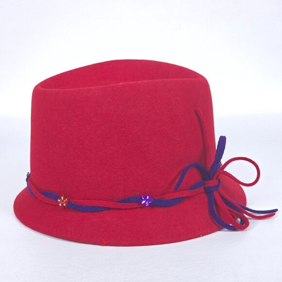 Something Special Cloche Fedora Wool Hat Red Purple Bow Beaded Flower Grannycore - Picture 2 of 9